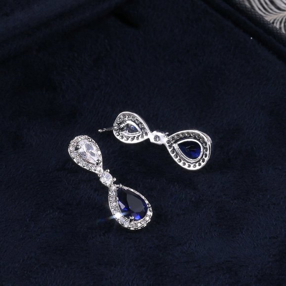 NEW Silver Blue Teardrop Sapphire Diamond Earrings - Picture 6 of 7